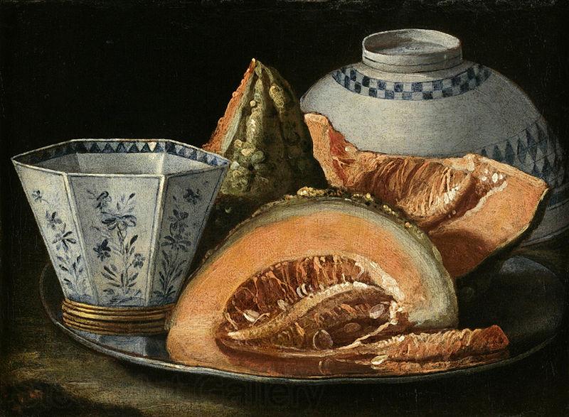 Cristoforo Munari A Still-Life with Melon, an octagonal blue and white cup on a Silver Charger Norge oil painting art